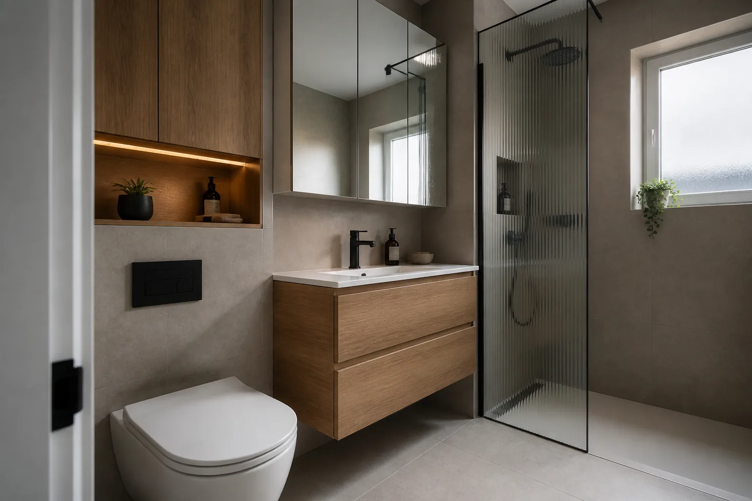 AI-generated concept of a compact UK en-suite with thoughtful storage and a walk-in shower