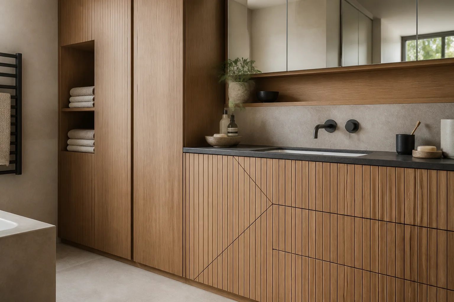 AI-generated concept detail of a fitted fluted-oak bathroom storage wall with mirrored cabinets and integrated shelves