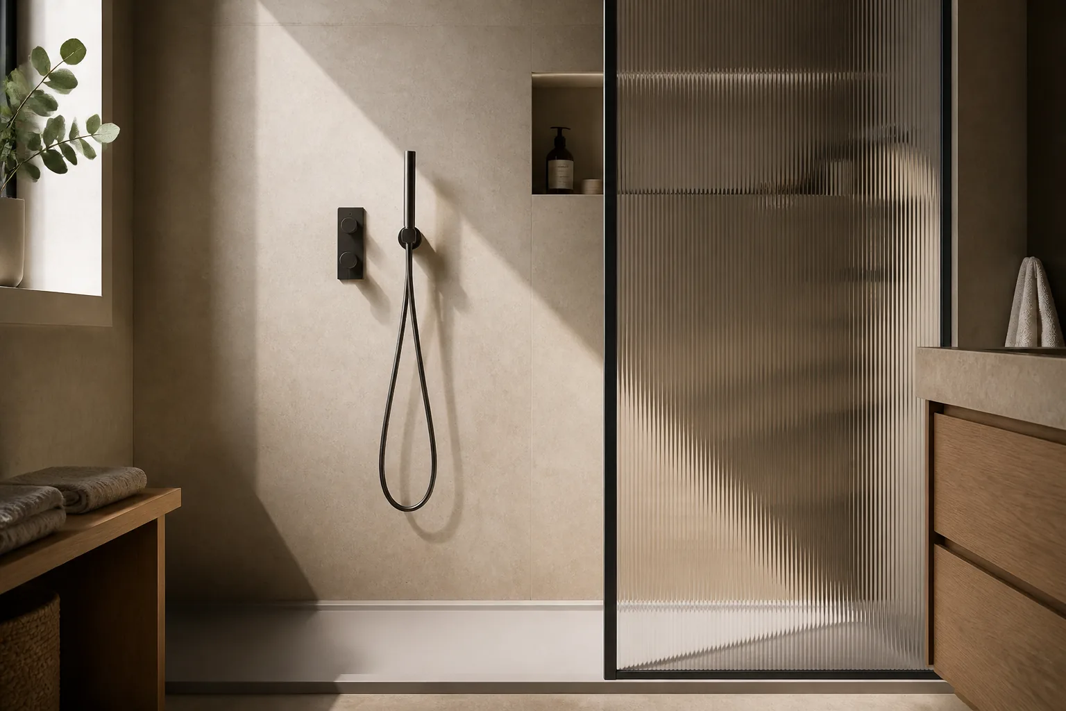 AI-generated concept of a walk-in bathroom shower with warm stone, ribbed glass and graphite fittings