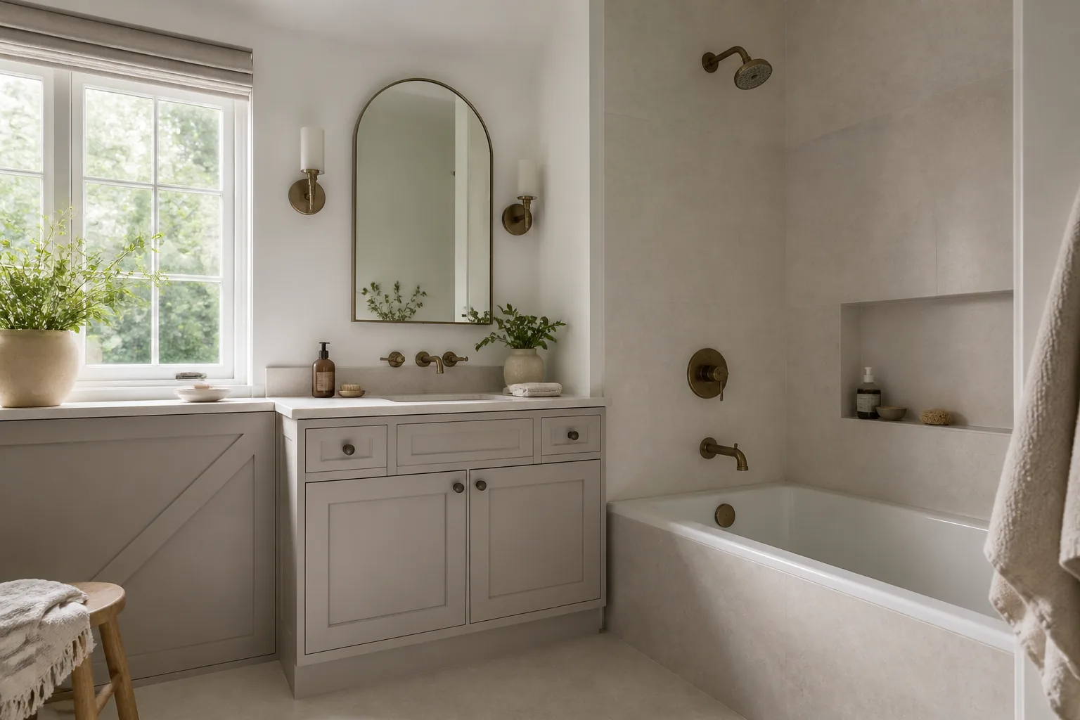 AI-generated concept of a calm transitional bathroom with fitted furniture, a bath and considered lighting